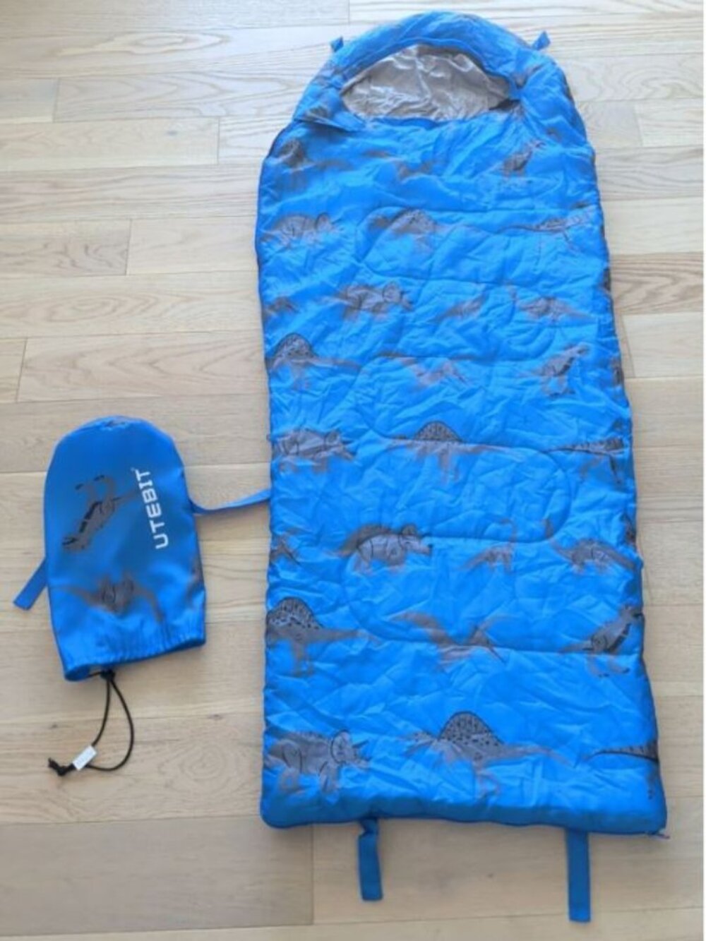 KIDS DINOSAUR SLEEPING BAG 3 SEASONS BLUE GREY HOOD